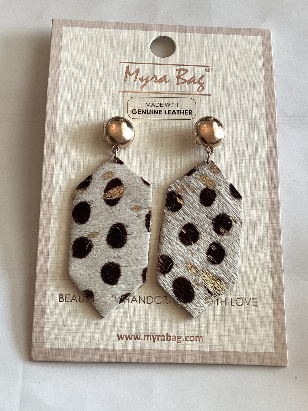 Myra Bag White Hair-On Leopard Spot Leather Drop Earrings with Gold Studs